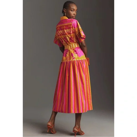 Farm Rio Button Front Tie Waist Midi Shirt Dress Anthropologie Pink Size XS NWT - Picture 6 of 7